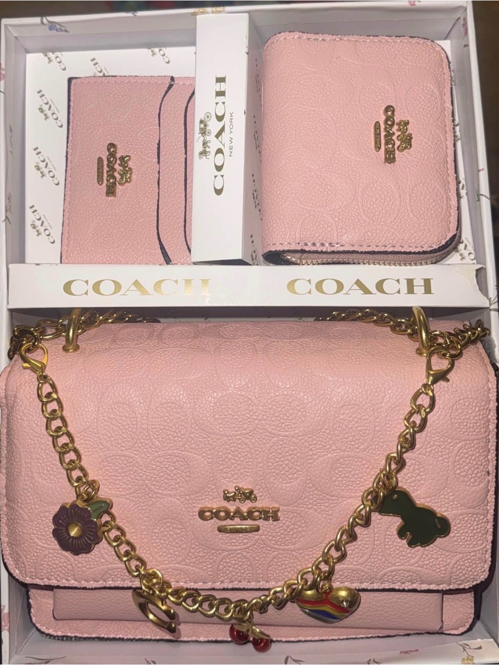 Coach Pink Pebbled Leather Shoulder Bag with Gold Chain and Charms